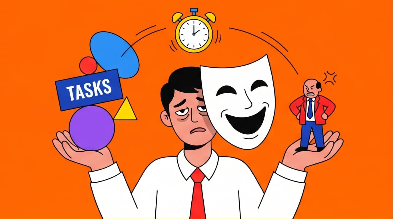 An illustration of an office worker using workplace humor as a survival guide to manage high-pressure situations and stress effectively.