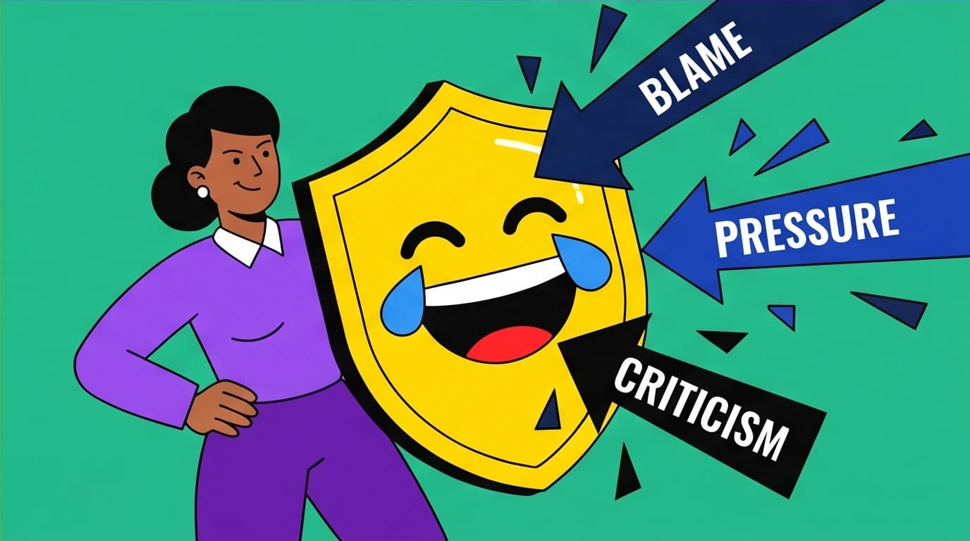 Illustration of self-deprecation technique as a powerful defense mechanism, where a character uses a humor shield to block criticism.