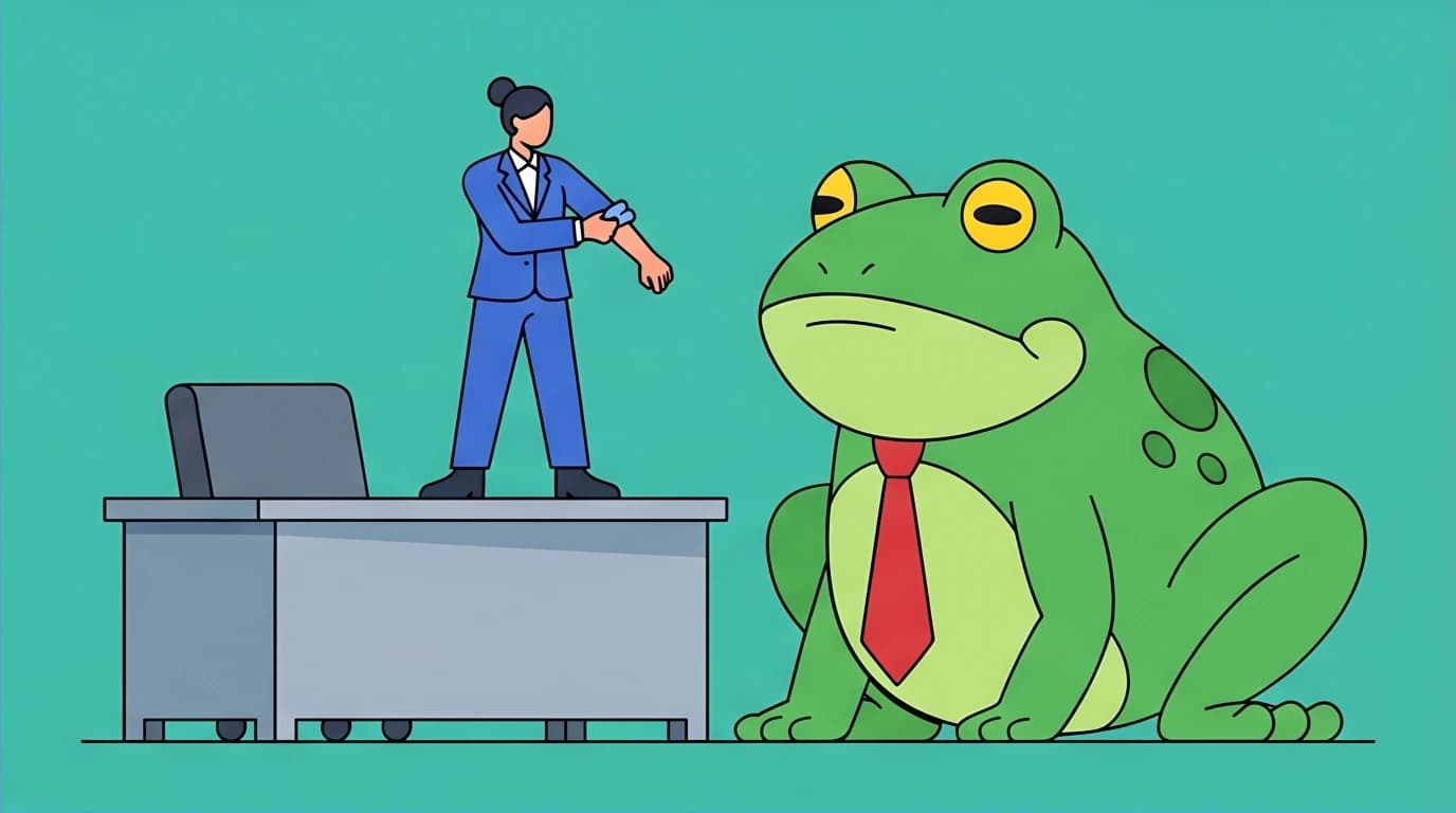 A professional tackling a giant frog on a desk, a metaphor for prioritizing the most important task to boost workplace efficiency, the 'eat the frog' method.