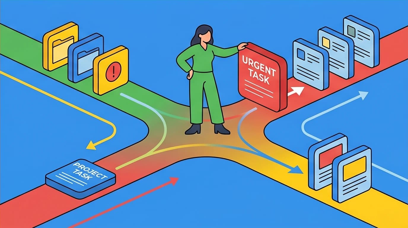 A person managing and prioritizing incoming tasks like a traffic controller, a concept for setting boundaries to say goodbye to overtime and improve work efficiency.