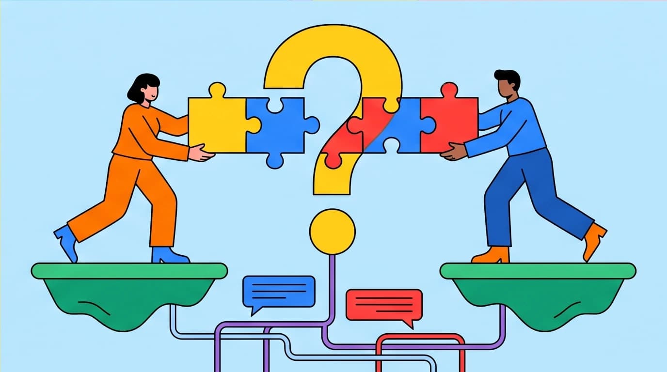 Two professionals building a puzzle-piece bridge, symbolizing how guided questions foster effective cross-departmental collaboration.