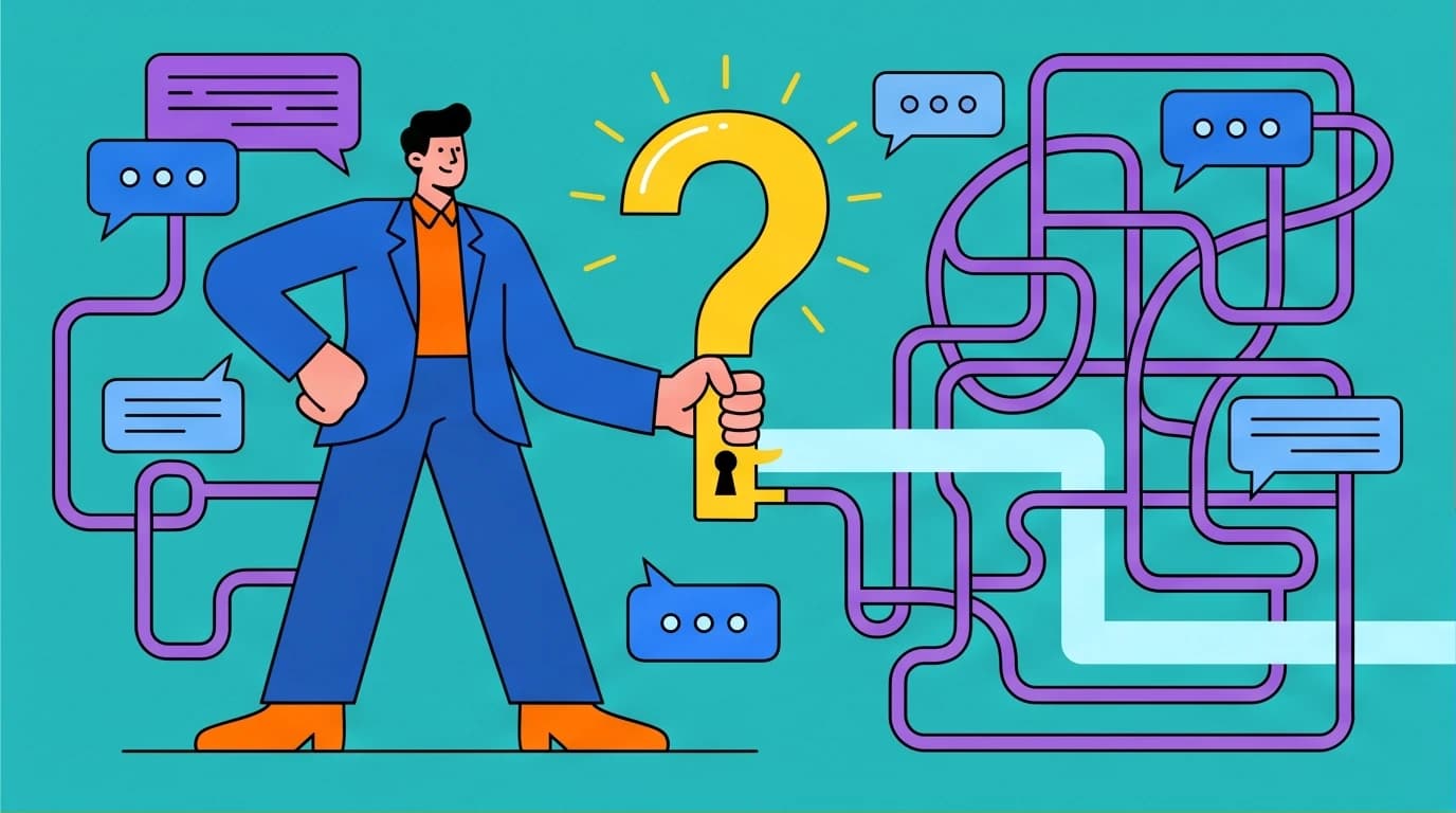 Illustration of a professional using questioning techniques, symbolized by a question mark key, to navigate workplace communication challenges.