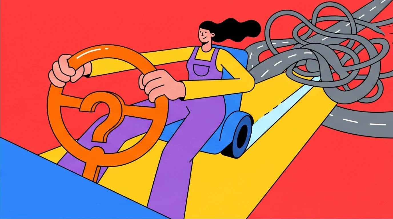 A person steering a project with a question mark-shaped wheel, visualizing how effective questioning techniques guide workplace collaboration.
