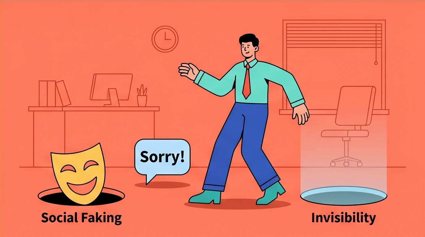 An illustration of a person avoiding workplace communication pitfalls like social faking and over-apologizing, key advice from the introvert's survival guide.