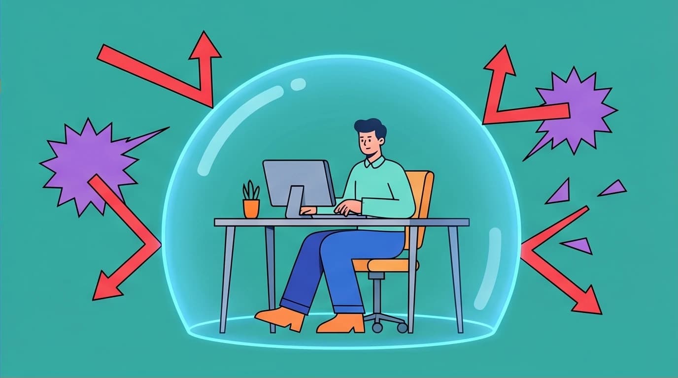 A character using an energy shield to manage workplace interactions, symbolizing setting boundaries as a communication strategy for introverts to combat social anxiety.