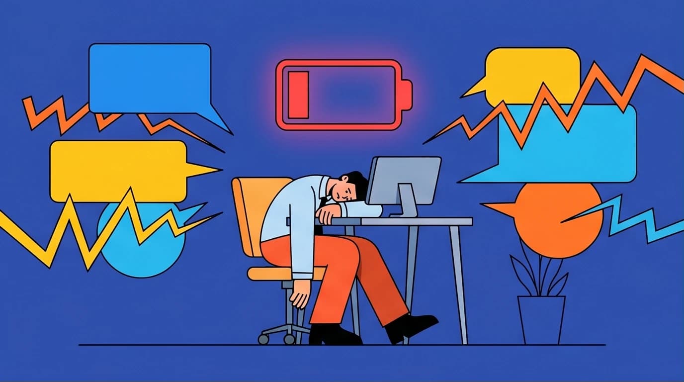 Illustration of an introvert's workplace social anxiety, showing a drained worker with a low battery symbol. This visual represents the need for a low-energy survival guide.