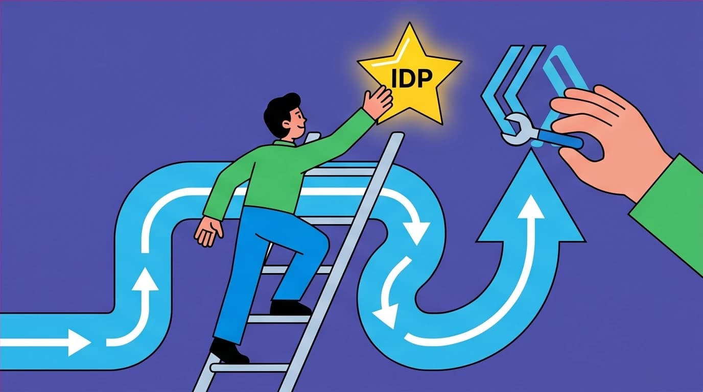 Concept art showing how to align a personal development plan (IDP) with performance review goals to advance career planning and skills.