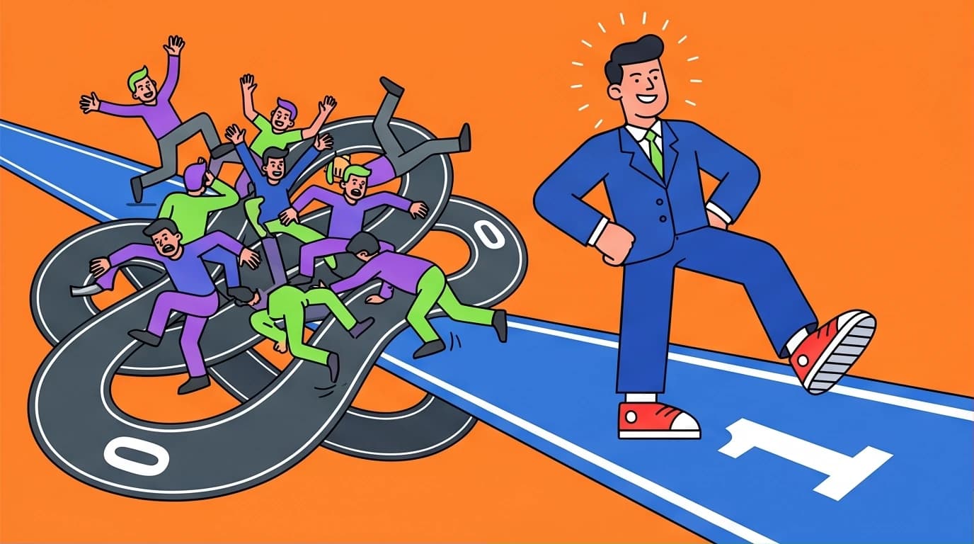 An illustration showing a startup founder creating a Zero to One monopoly by leaving the chaotic competition behind to forge a new market path.