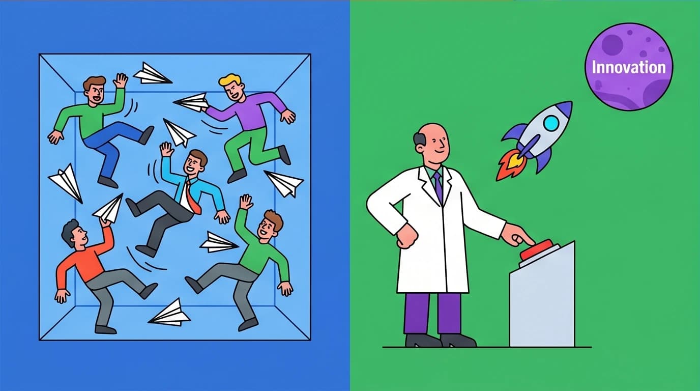 A visual metaphor for 'competition is for losers,' contrasting chaotic rivals with a focused monopoly that drives true innovation.