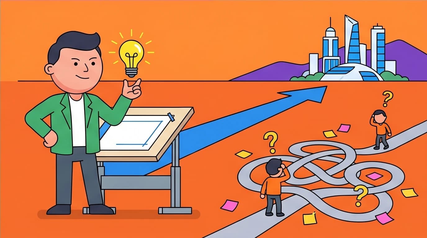 Illustration showing Peter Thiel's preference for a bold, definitive vision over the iterative process of the Lean Startup methodology.