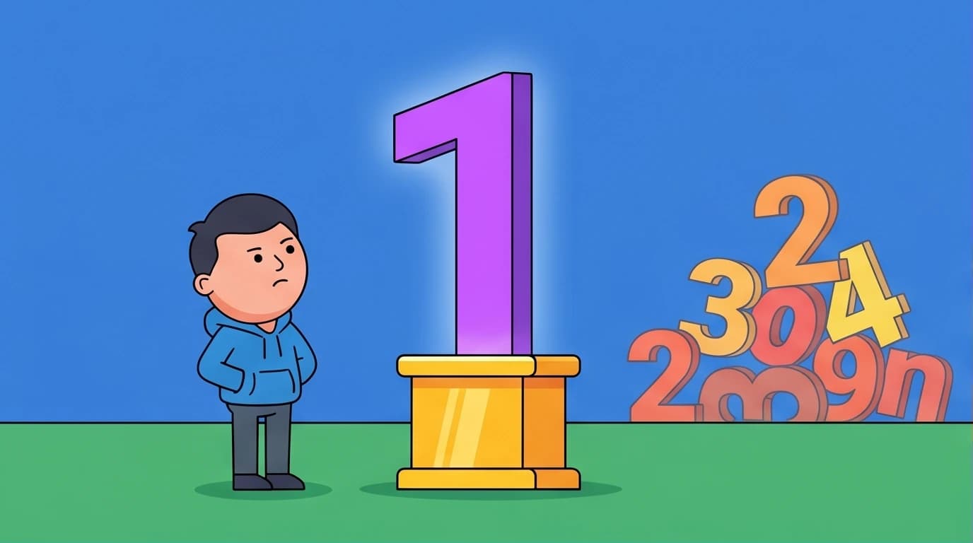 An illustration for a Zero to One review showing a founder choosing the unique path of '1' over the crowded competition of 'n'.