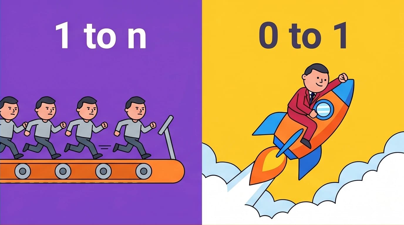 A diagram from our Zero to One review explaining Peter Thiel's concept of vertical progress (0 to 1) versus horizontal progress (1 to n).
