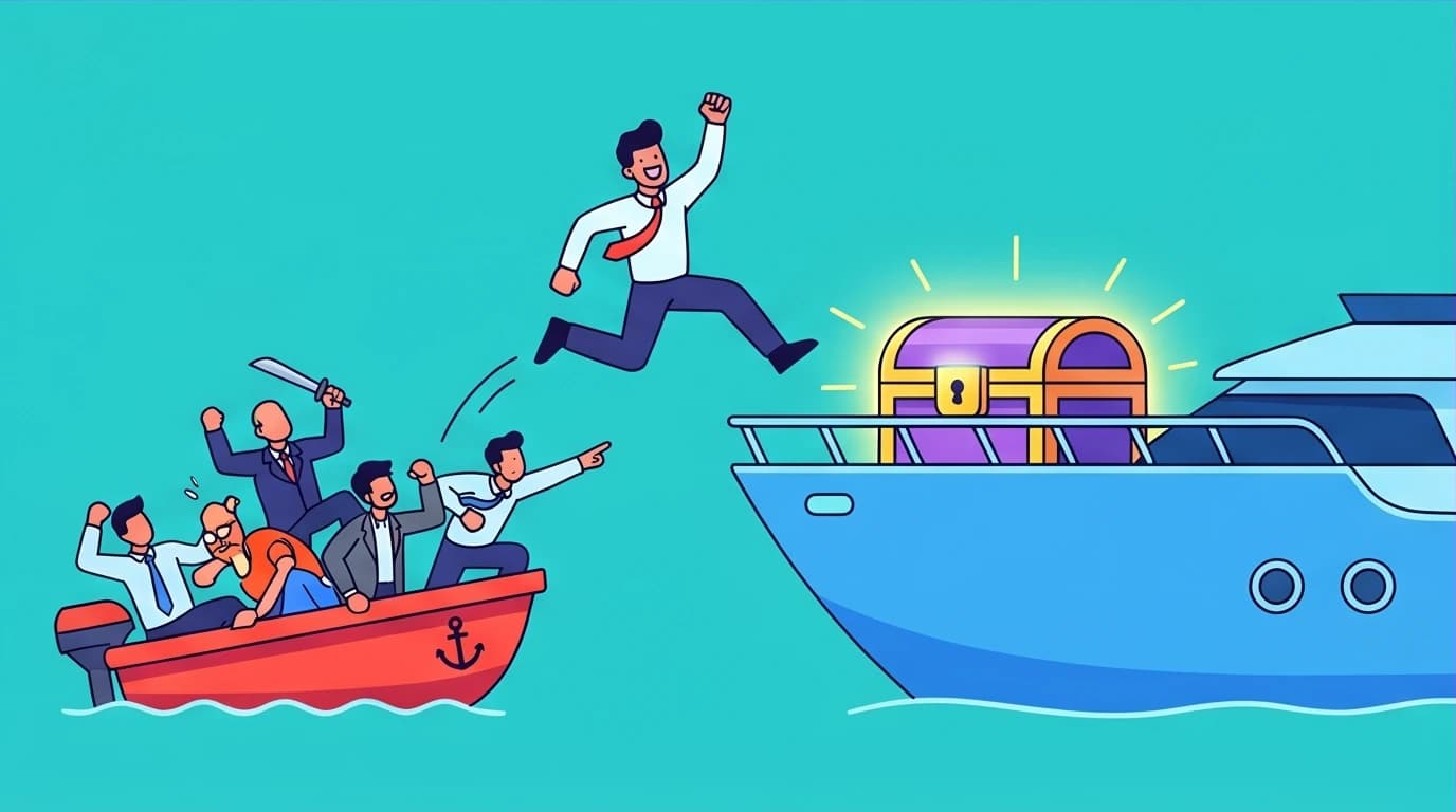 Illustration of a founder escaping a chaotic boat of competitors to a calm ocean of monopoly, a core business strategy from Peter Thiel's Zero to One philosophy.
