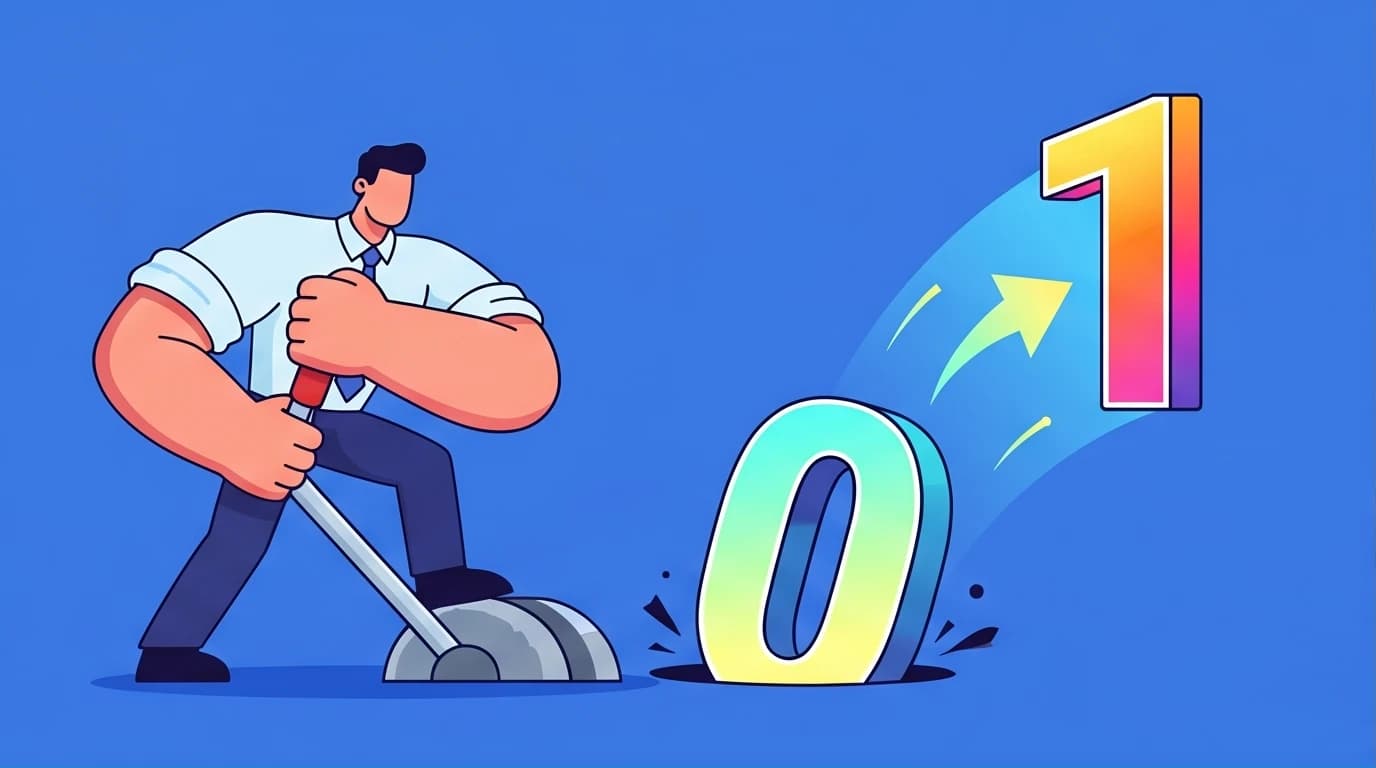 A vibrant illustration in Corporate Memphis style showing an entrepreneur creating a new product, symbolizing Peter Thiel's Zero to One innovation framework for building a startup monopoly.