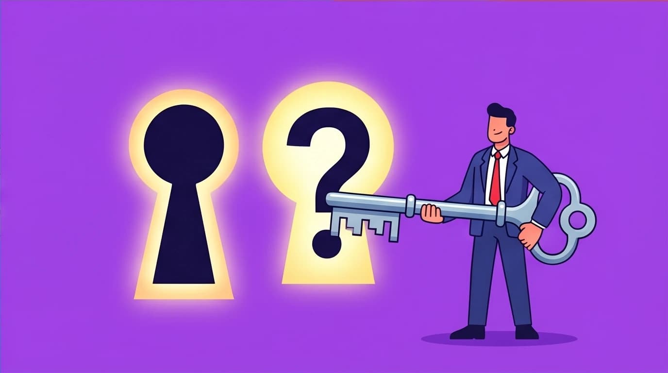An entrepreneur holds a key representing the answers to the seven essential startup questions from Peter Thiel's Zero to One, needed to unlock a successful business monopoly.