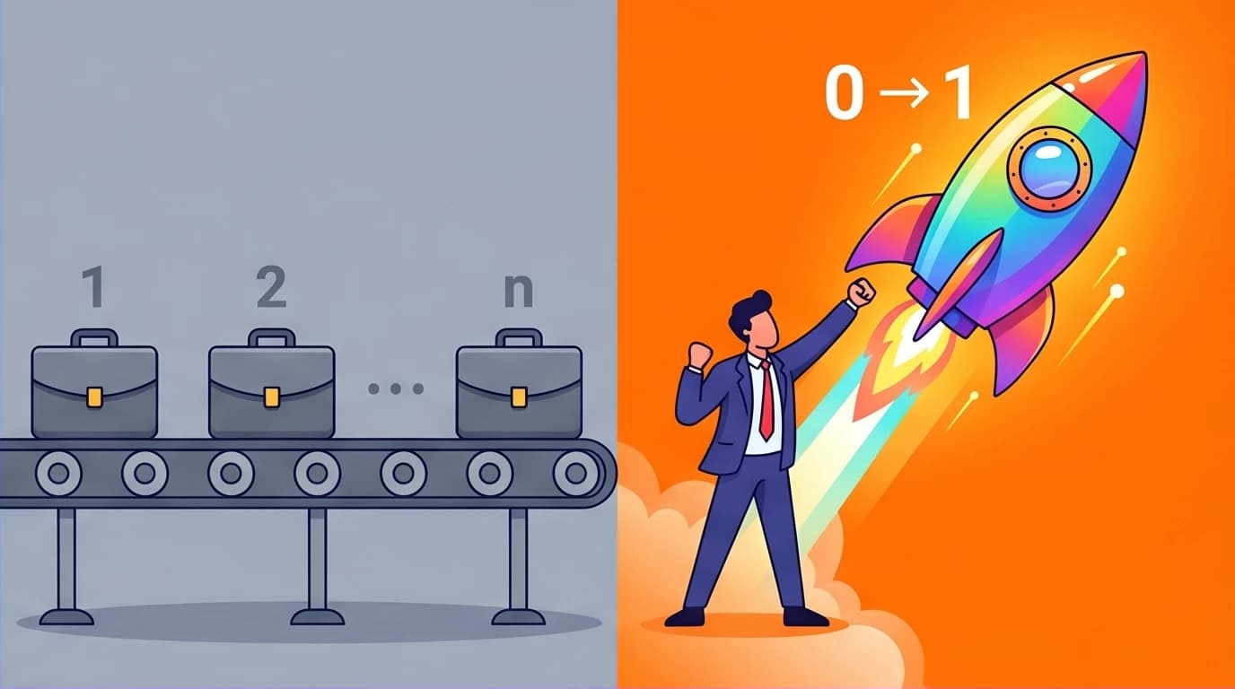 A visual comparison from the Zero to One summary, contrasting horizontal progress (copying) with vertical progress (true innovation), showing an assembly line versus a rocket launch.