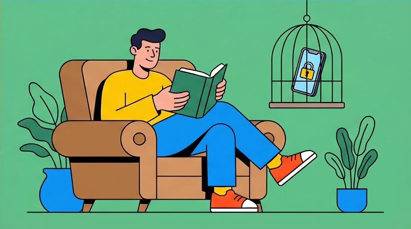 Book Less Time A person reading a book with their phone locked away, a key replacement ...